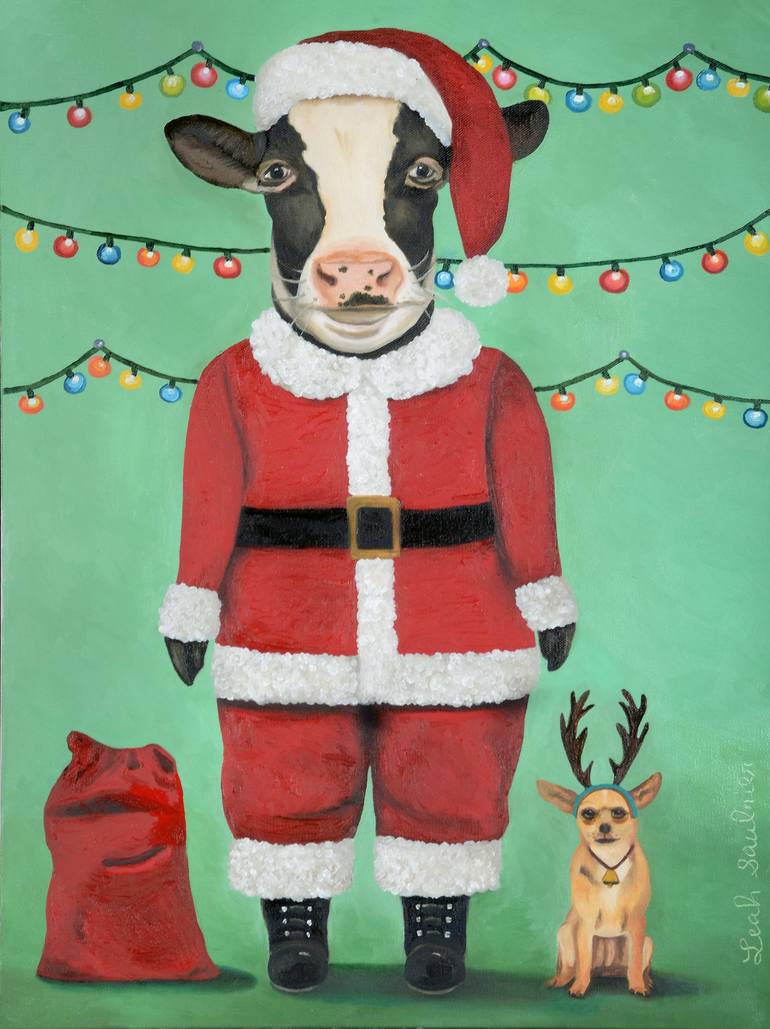cute painting of a cow dressed like santa