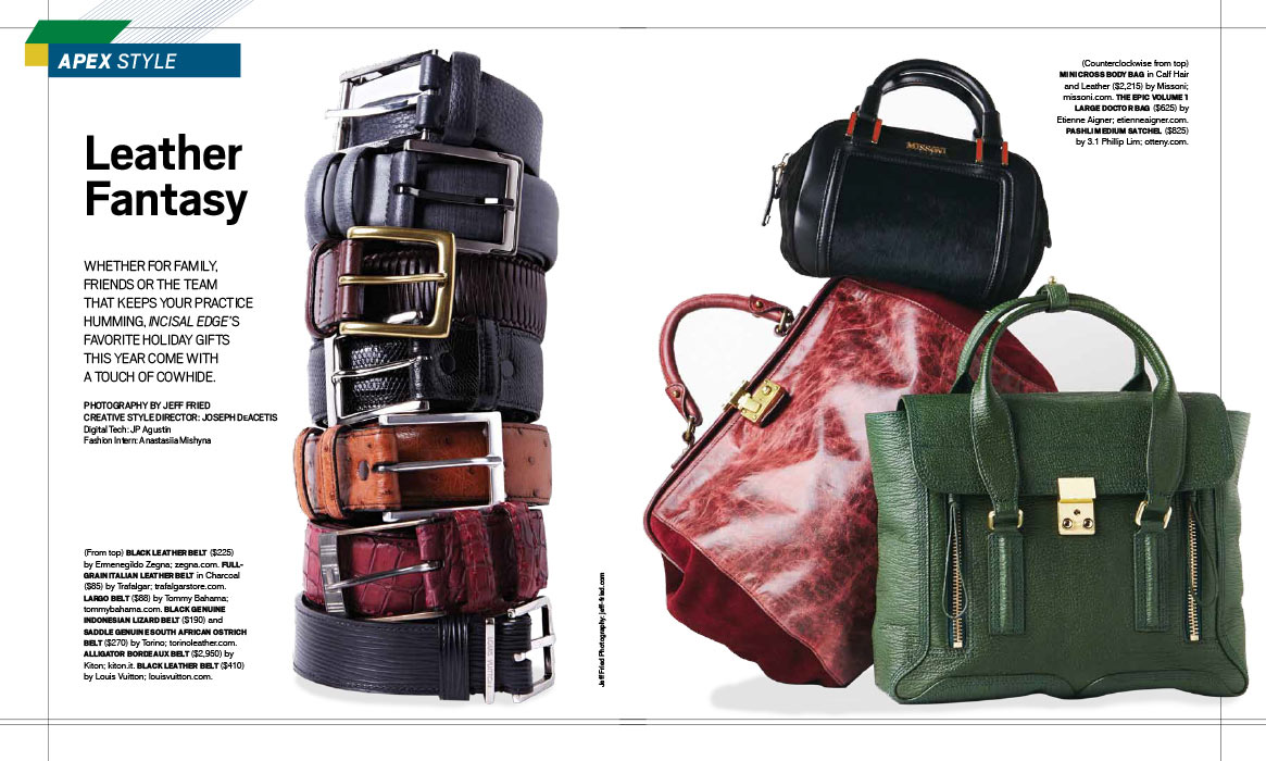 Editorial photography of leather goods for Incisal Edge Magazine by Jeff Fried, product photography denver