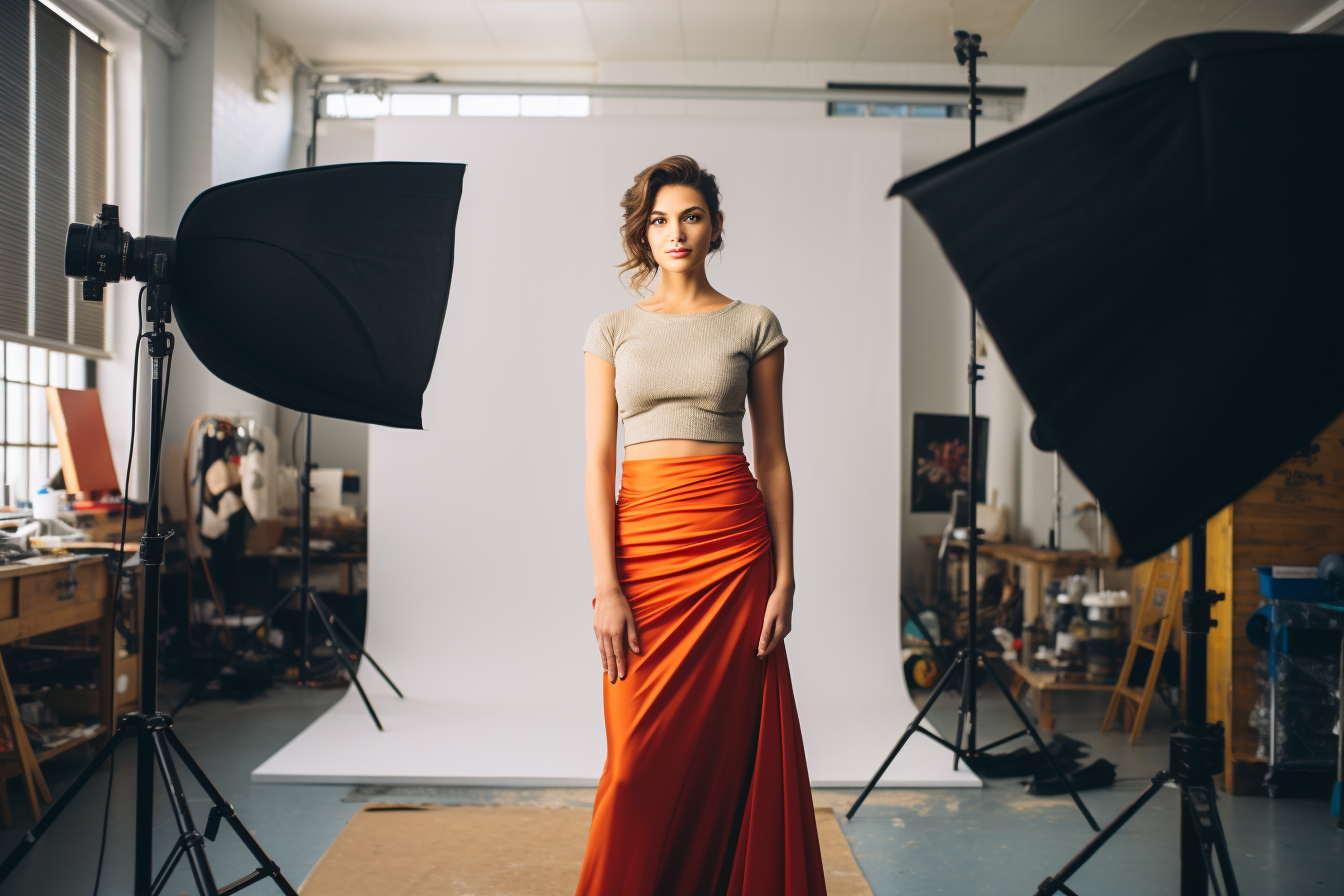 a model standing in a photography studio near stobe lights