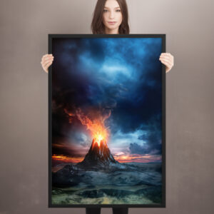 female model holding a framed print of an erupting volcano