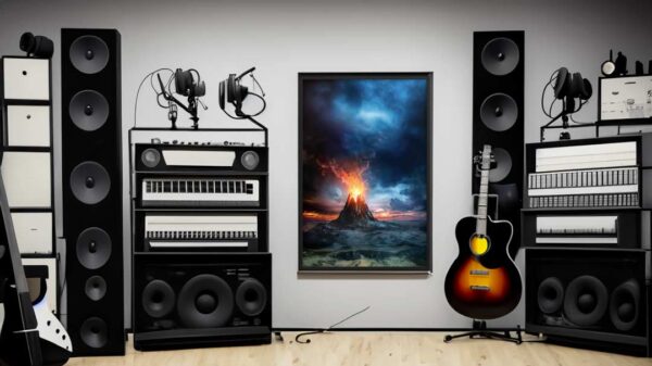 volcano print displayed in a music studio