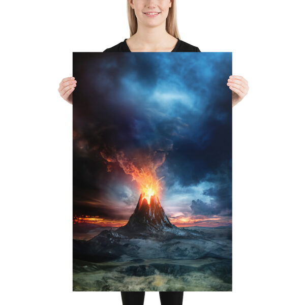 person holding a 3 foot poster of a volcano erupting
