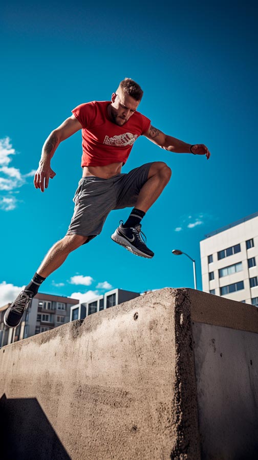 an athlete jumping over concrete