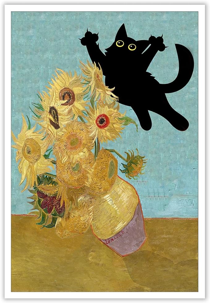 Flying black cat knocking over vase