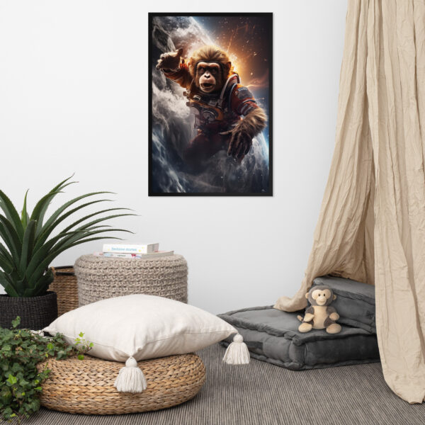 enhanced matte paper framed poster of a surfing monkey in outer space