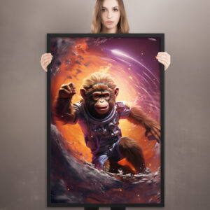 model holding a framed print of a surfing astronaut monkey
