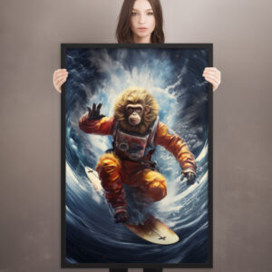 model holding framed print of astronaut space monkey surfing