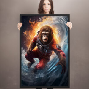 model holding framed print of a surfing space monkey