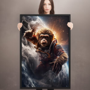 framed print of a surfing monkey astronaut in space