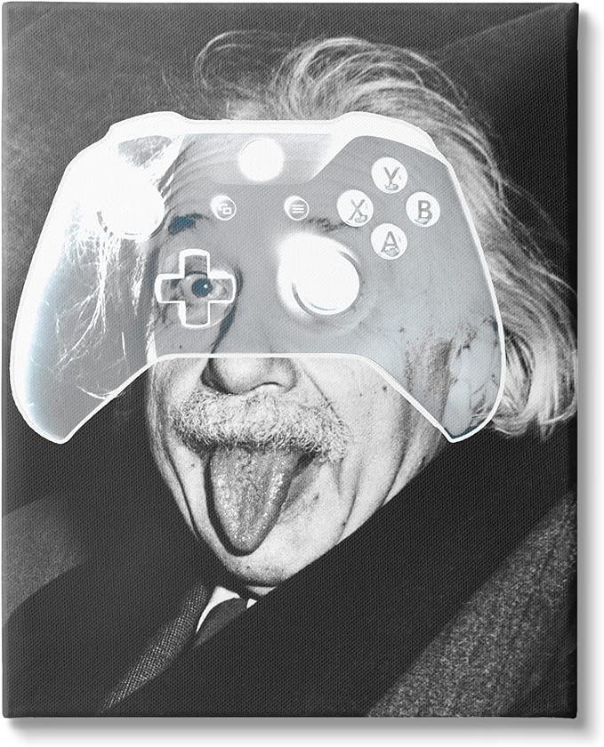 Einstein with his tongue out and game controller poster