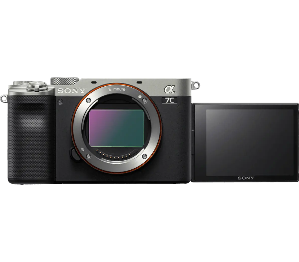 Sony Alpha 7C body only front view of fold out display